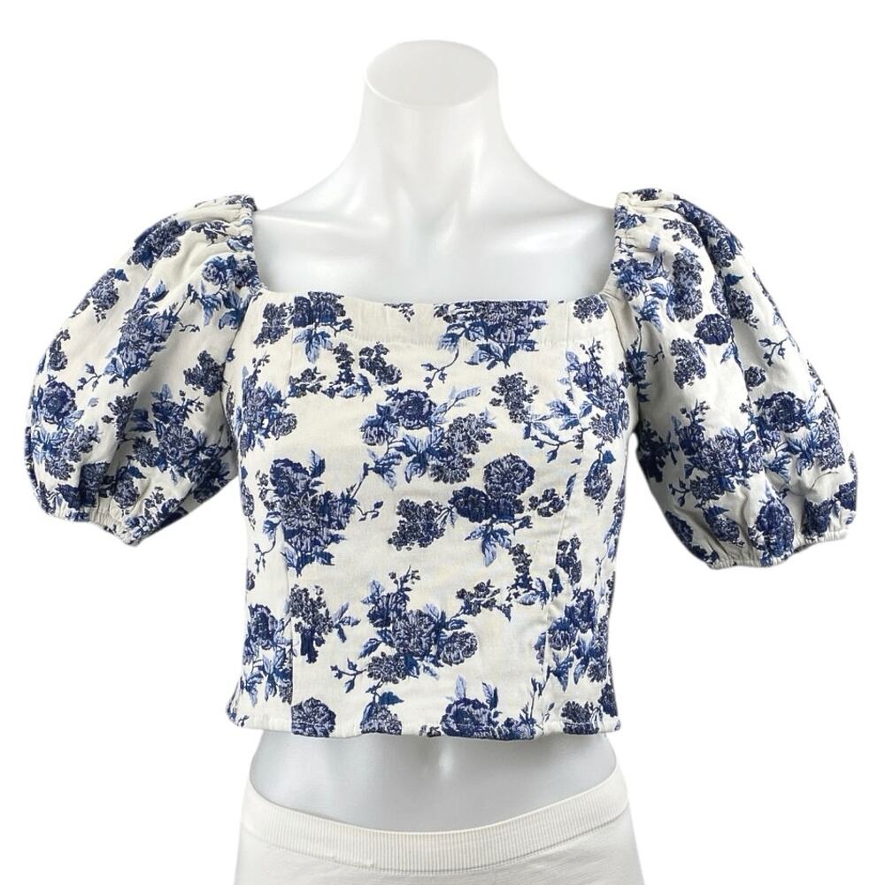 Aqua Women's White Blue Floral Short Puff Sleeve Square Blouse Crop Top Size S